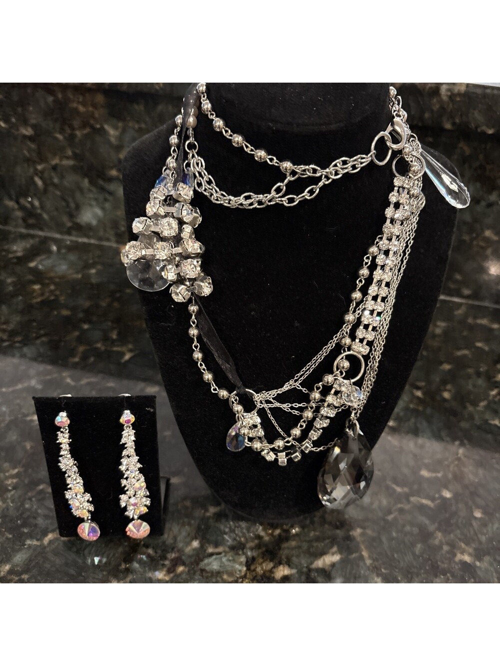One of A Kind Junk Chic Necklace Rhinestones Faux Topaz Aurora Dangle Earrings